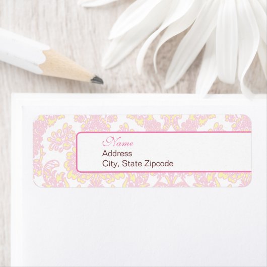 Elegantes, rosa und gelbes Damaskus-Adressetikett (Insitu)