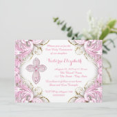 Elegantes Rosa und Gold Cross Erste Kommunion Einladung (Stehend Vorderseite)