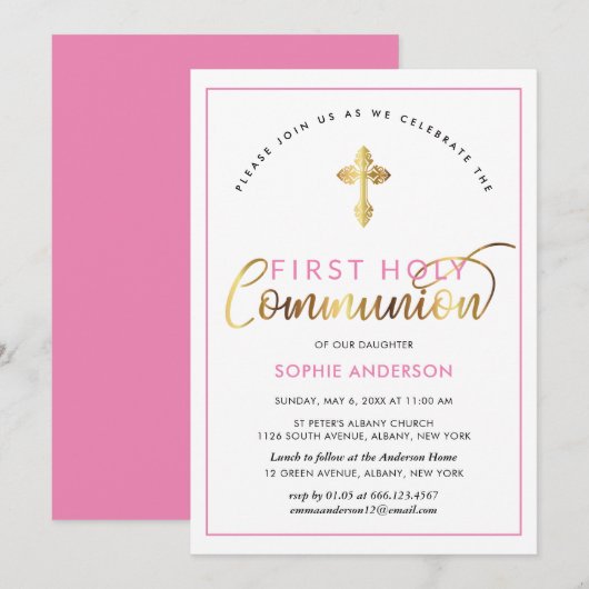 Elegantes Rosa und Gold Erstkommunion Einladung (Vorne/Hinten)