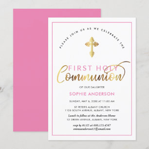 Elegantes Rosa und Gold Erstkommunion Einladung