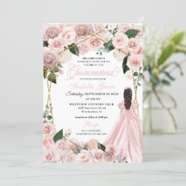 Elegantes Rosa und Gold Floral Quinceanera Inv Einladung
