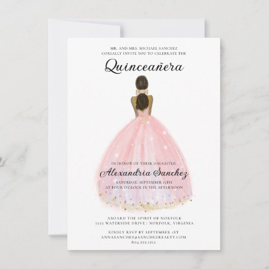 Elegantes Rosa und Gold Glitzer Quinceanera Einladung (Vorderseite)