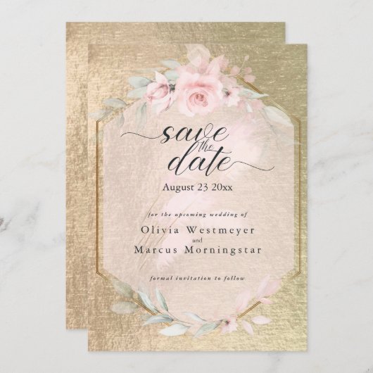 Elegantes Rosa und Gold Save the Date Einladung (Vorne/Hinten)