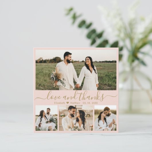 Elegantes Rosa und Gold Script Foto Hochzeit Dankeskarte (Stehend Vorderseite)