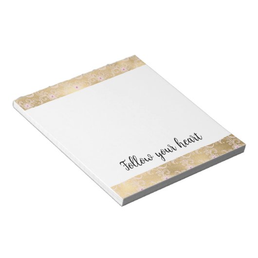 Elegantes rosa und goldenes, florales Spitzen Notizblock (angewinkelt)