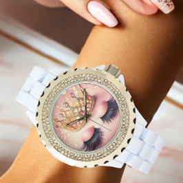 Elegantes Rosa und Goldkrone Eyelashes Armbanduhr