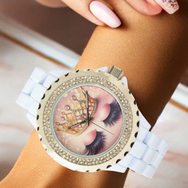 Elegantes Rosa und Goldkrone Eyelashes Armbanduhr (Sparkle in style with this elegant crown & lashes watch—glamour on your wrist!)