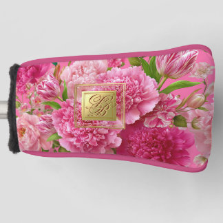 Elegantes rosa und grünes Blumenmonogramm Golf-Hea Golf Headcover