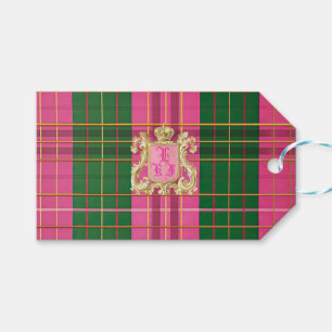 Elegantes rosa und grünes Kariertes Monogramm Geschenkanhänger