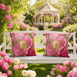 Elegantes Rosa und Grünes Pfingstrosen-Tulpen-Mono Kissen