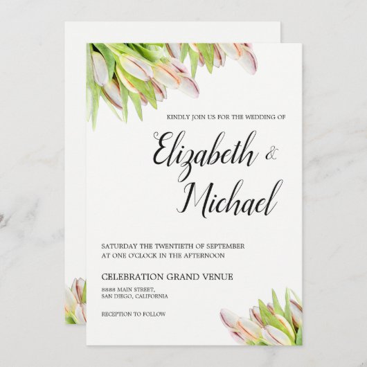 Elegantes Rosa und grünes Tulip Hochzeitungs-Wasse Einladung (Vorne/Hinten)