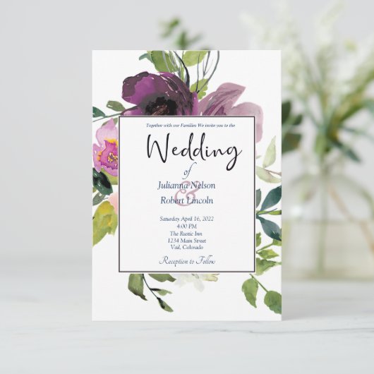 Elegantes Rosa und lila Blumen Einladung (Stehend Vorderseite)