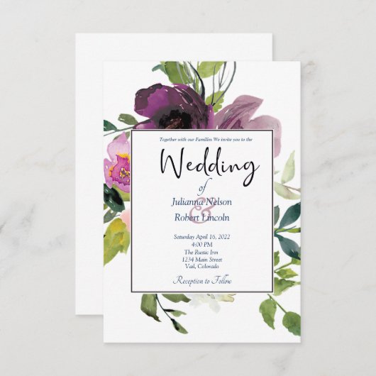Elegantes Rosa und lila Blumen Einladung (Vorne/Hinten)