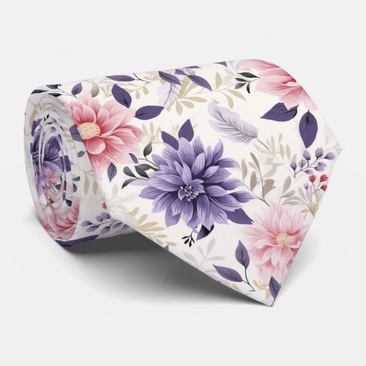 Elegantes Rosa und Lila Floral Neck Tie Krawatte (Gerollt)
