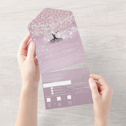 Elegantes Rosa und Lila Heart Leaf Tree Wedding All In One Einladung (Abreißen)