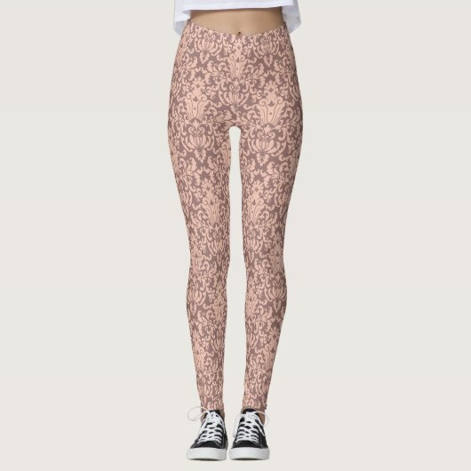 Elegantes rosa und mauve Damask Muster Leggings (Vorderseite)