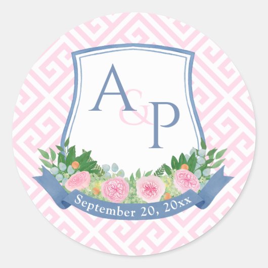 Elegantes Rosa und Navy Monogram Wedding Wappen Ge Runder Aufkleber (Vorderseite)