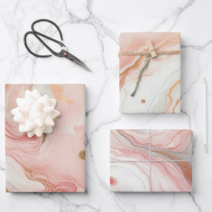 Elegantes Rosa und Roségoldfolien-Marmor Geschenkpapier Set