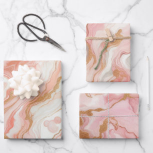 Elegantes Rosa- und Roségoldfolien-Marmor Geschenkpapier Set