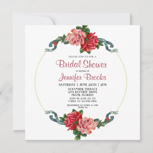 Elegantes Rosa und Rote Rose Blumenkohl Brautparty Einladung (Vorderseite)