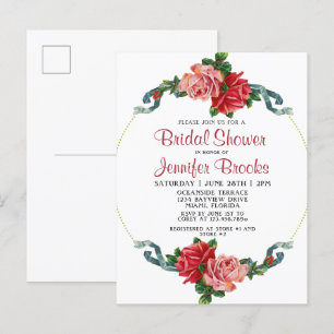 Elegantes Rosa und Rote Rose Blumenkohl Brautparty Einladungspostkarte