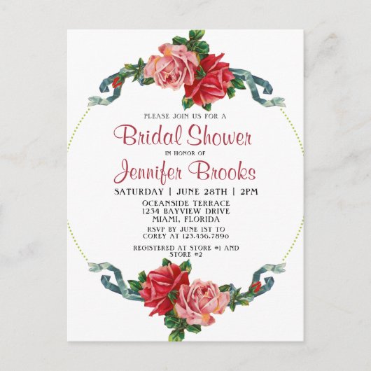 Elegantes Rosa und Rote Rose Blumenkohl Brautparty Einladungspostkarte (Vorderseite)