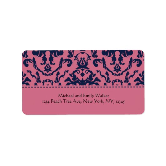 Elegantes, rosa und schwarzes Damassotel Adressaufkleber (Vorne)