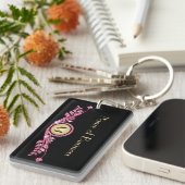 Elegantes rosa und schwarzes Imitat Glitz Floral M Schlüsselanhänger (Vorderseite rechts)