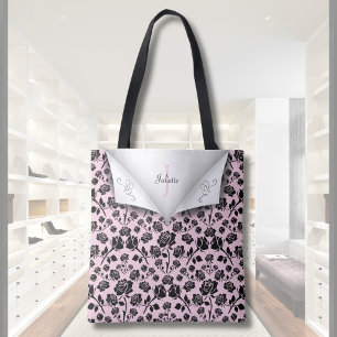 Elegantes rosa und schwarzes Rosenmonogramm Name T Tasche