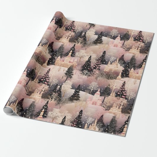 Elegantes Rosa und Schwarzes Weihnachtsdorf Geschenkpapier (Ungerollt)