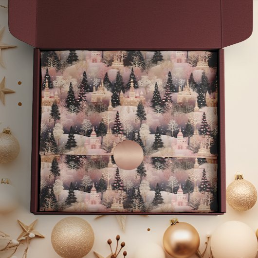 Elegantes Rosa und Schwarzes Weihnachtsdorf Seidenpapier