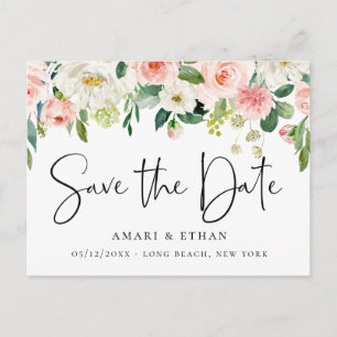 Elegantes Rosa und Weiß Blumen Save the Date Ankündigungspostkarte