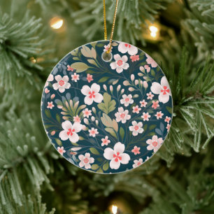 Elegantes rosa und weißes Blumenmuster Keramik Ornament