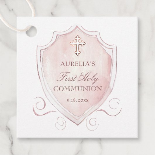 Elegantes rosa Wappen Erstkommunion Geschenkanhänger (Vorderseite)