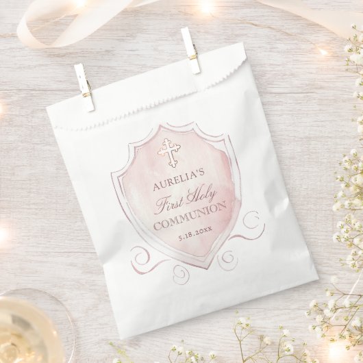 Elegantes rosa Wappen Erstkommunion Geschenktütchen (Ausgeschnitten)