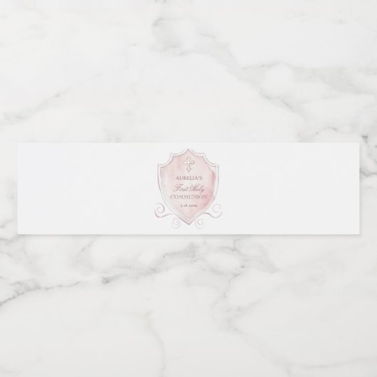 Elegantes rosa Wappen Erstkommunion Wasserflaschenetikett (Einzelnes Label)