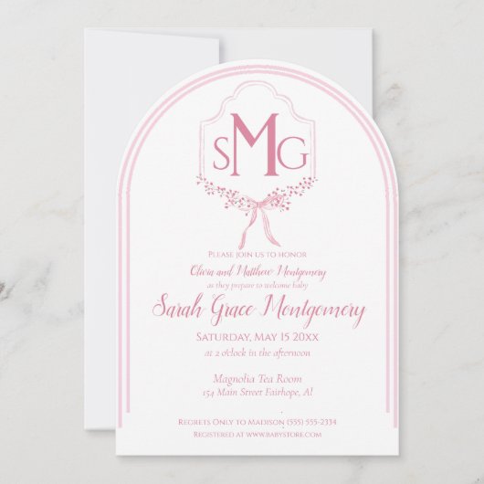 Elegantes, rosa Wappen mit Bows Einladung (Vorderseite)