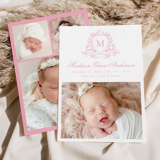 Elegantes rosa Wappen Monogram 4 Foto Birth Ankündigung