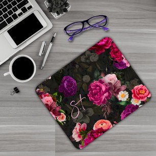 Elegantes rosa Wasserfarbe Blumen-Black-Monogramm Mousepad