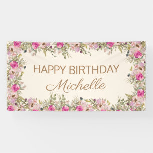 Elegantes rosa Wasserfarbe Floral Happy Birthday Banner