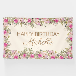 Elegantes rosa Wasserfarbe Floral Happy Birthday Banner