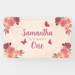 Elegantes Rosa Wasserfarben-Blumen zum 1. Geburtst Banner