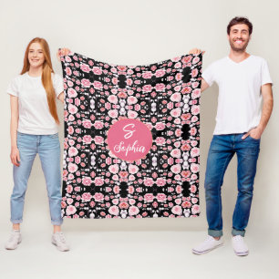 Elegantes rosa Wasserfarben-Blumenmonogramm-Name Fleecedecke