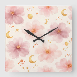 Elegantes rosa Wasserfarben-Blumenmuster Quadratische Wanduhr