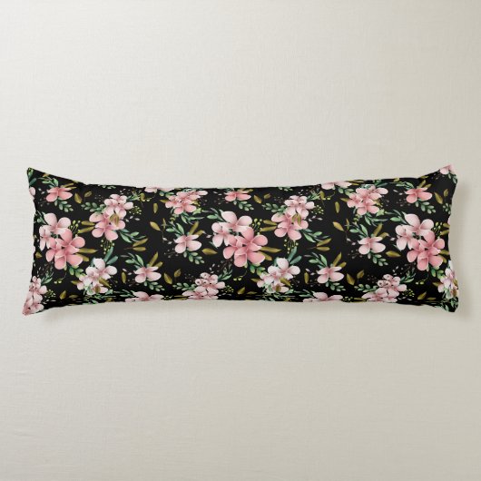 Elegantes rosa Wasserfarben Schwarzes Botanisches Seitenschläferkissen (Vorderseite)