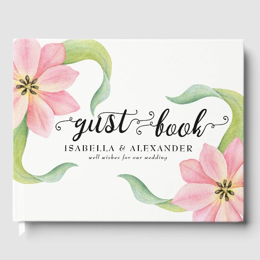 Elegantes rosa Wasserfarbenspiel Hochzeitliches Gä Gästebuch (Vorderseite)