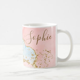 Elegantes Rosa & Weiß & Imitate Gold Glitzer Agate Kaffeetasse