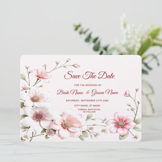 Elegantes Rosa Weiße Blüte Save the Date (Stehend Vorderseite)