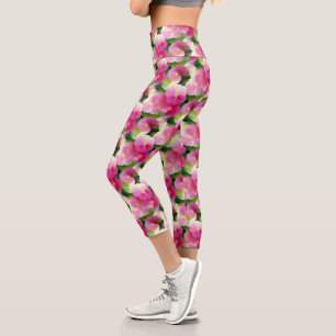 Elegantes rosa-weiße Eingeweihte Blume-Muster Capri Leggings