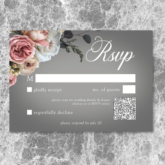 Elegantes Rosa Weiße Rose Grau Wedding QR RSVP Karte